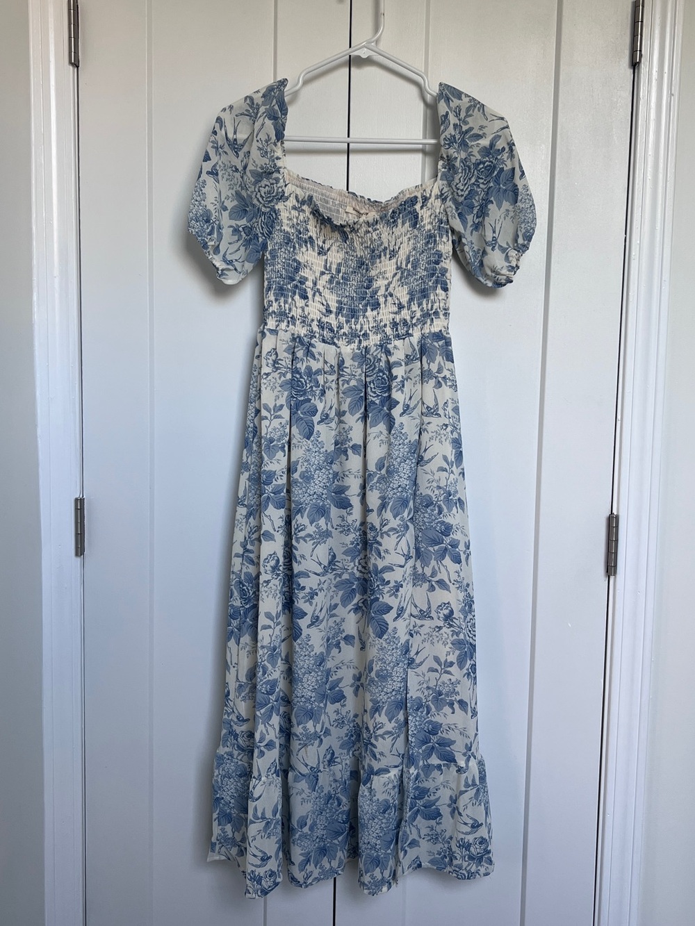 Smocked Blue Floral Midi Dress with Puff Sleeves